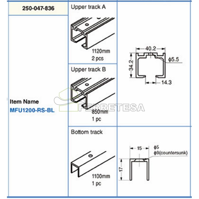SET DE CARRILES RECTOS SUPERIOR-INFERIOR PARA CORREDERA ENRASADA MFU1200-RS-BL
